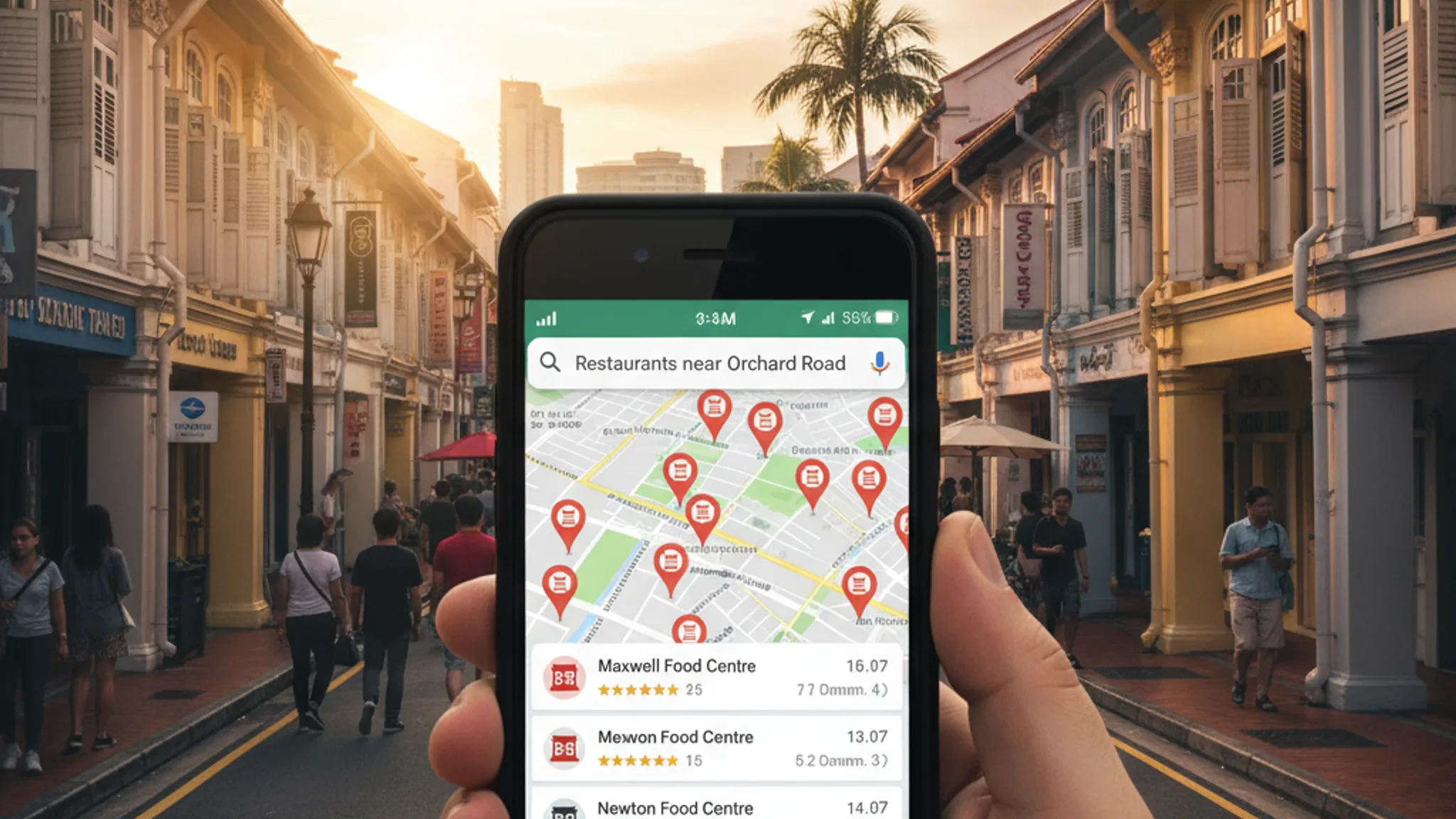 Smartphone displaying Google Maps with local business listings against a backdrop of Singapore shophouses