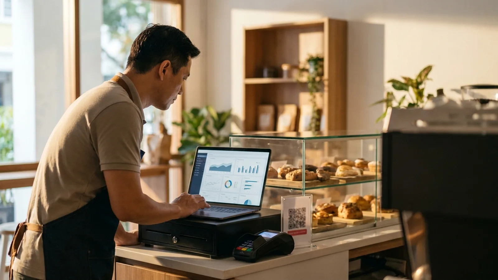Cafe owner in Tiong Bahru comparing payment gateways in Singapore on a laptop beside a card terminal and a QR code stand