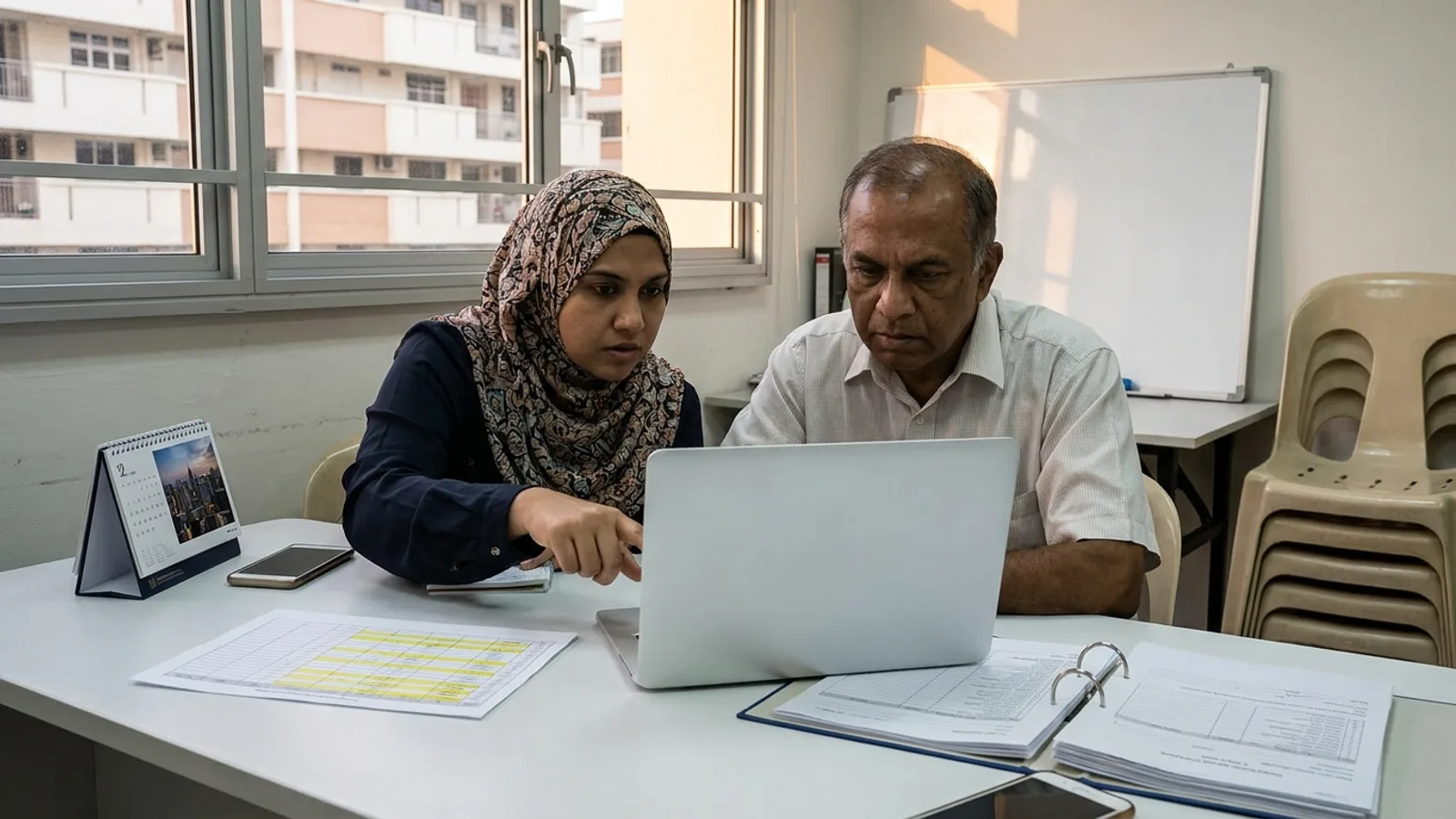 Tuition centre manager and owner in an HDB block office reviewing a PDPA data breach on a laptop