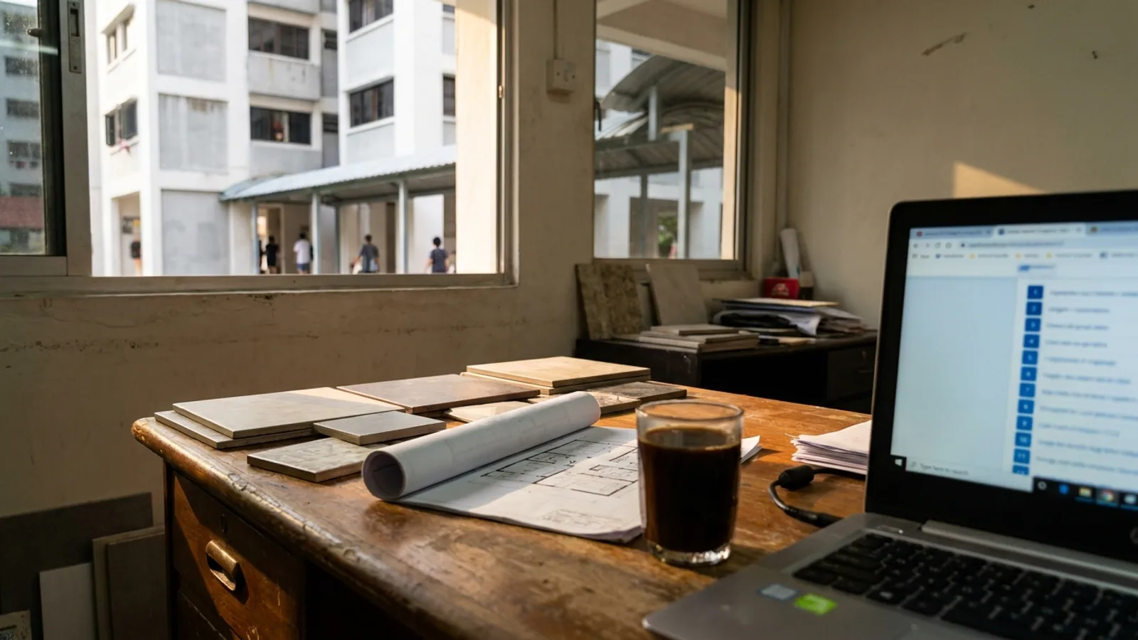 Laptop on a desk in a small Singapore renovation office, open to an AI search answer with a column of numbered source links, beside tile samples and rolled floor plans