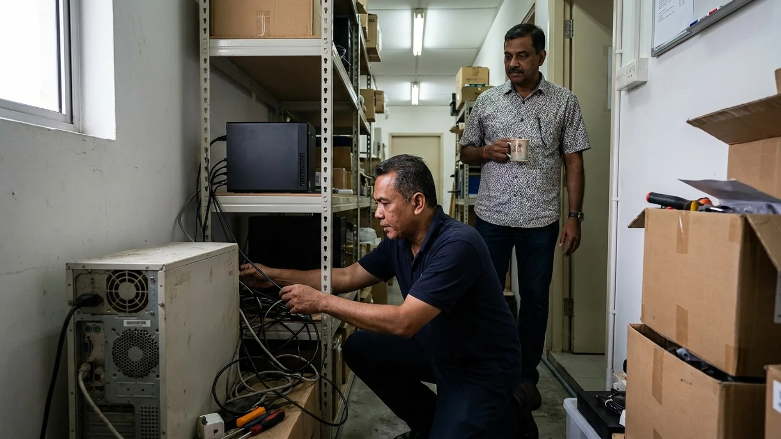 Technician unplugging an old server tower in a Singapore office storeroom, the hardware version of PHP end of life