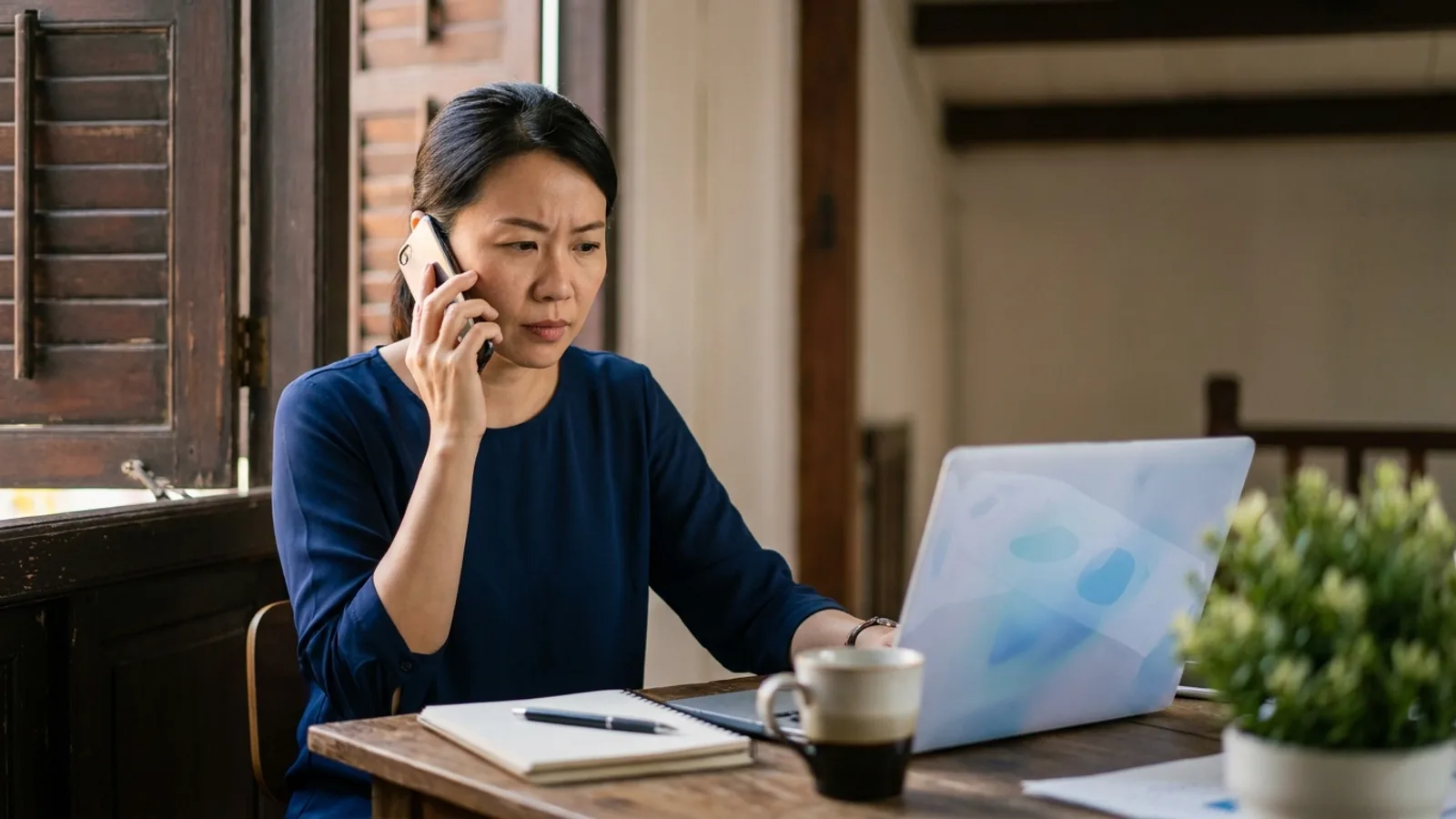 Singapore business owner on a phone call at her laptop in a shophouse office, checking on the PHP vulnerability