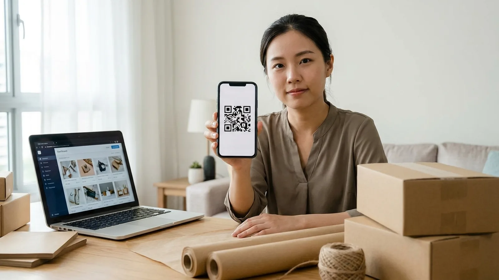 Singapore online shop owner holding up a QR code on her phone while adding PayNow to her Shopify store