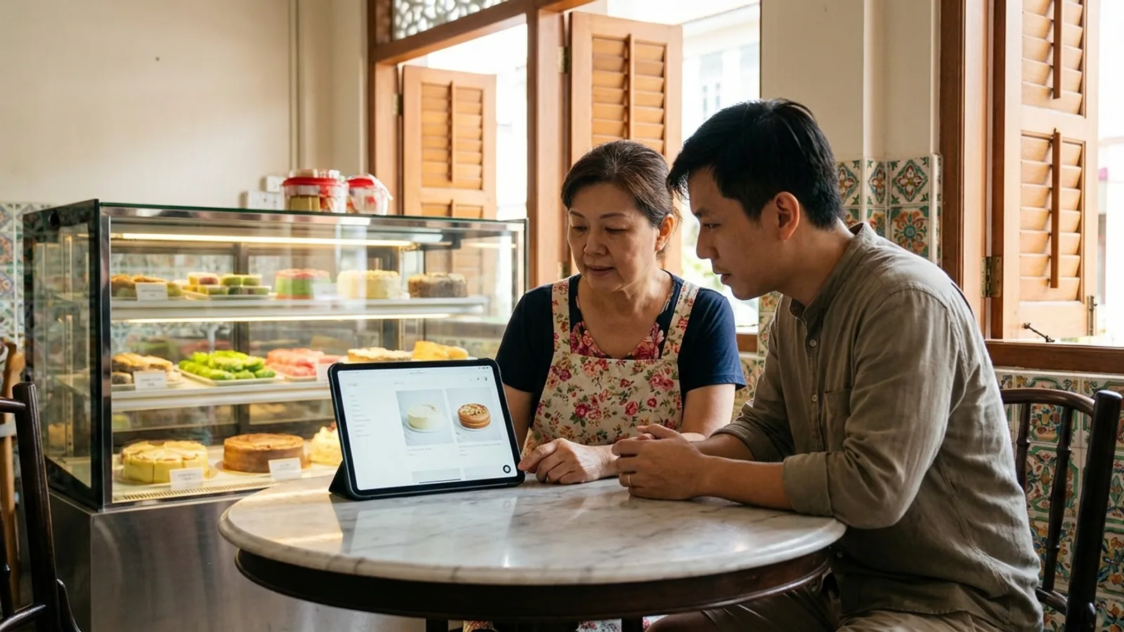 Bakery owner and web designer weigh a static website vs dynamic website on a tablet inside a tiled shophouse bakery