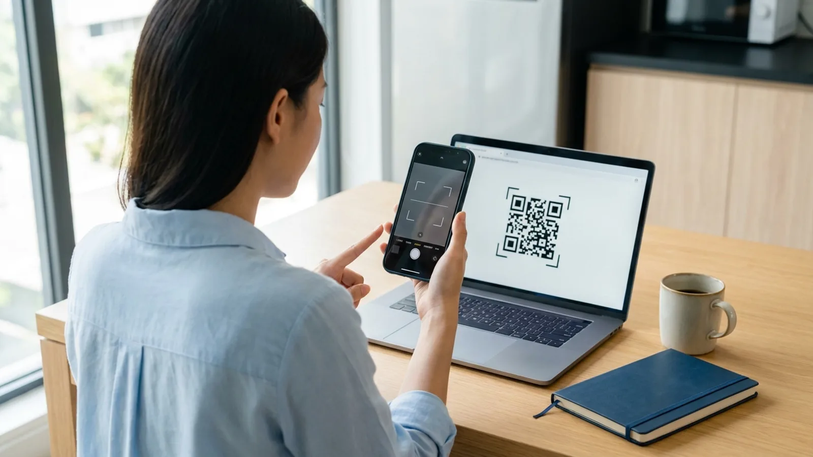 Office worker in Singapore scanning a Stripe PayNow QR code on a laptop checkout with her banking app