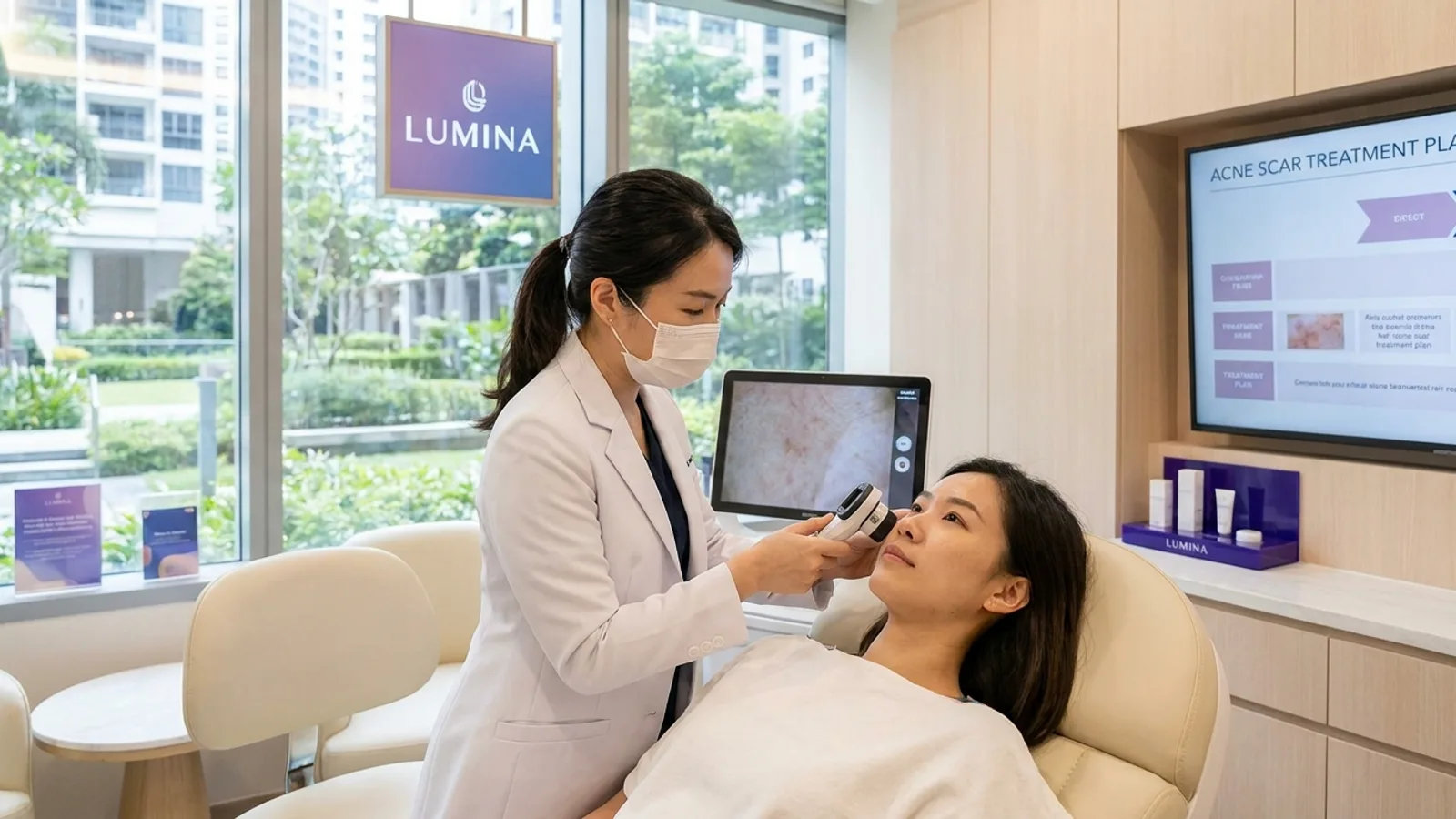 A doctor examining a patient skin texture for acne scar treatment in a Singapore aesthetic clinic