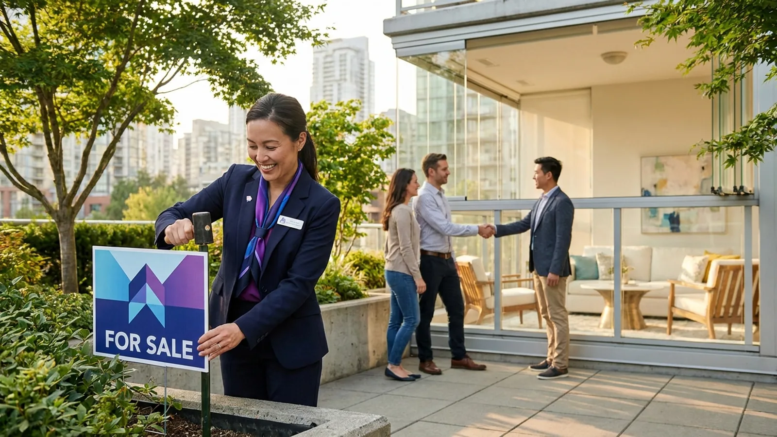 A property agent placing a For Sale sign outside a bright staged Singapore condominium with a happy homeowner couple nearby
