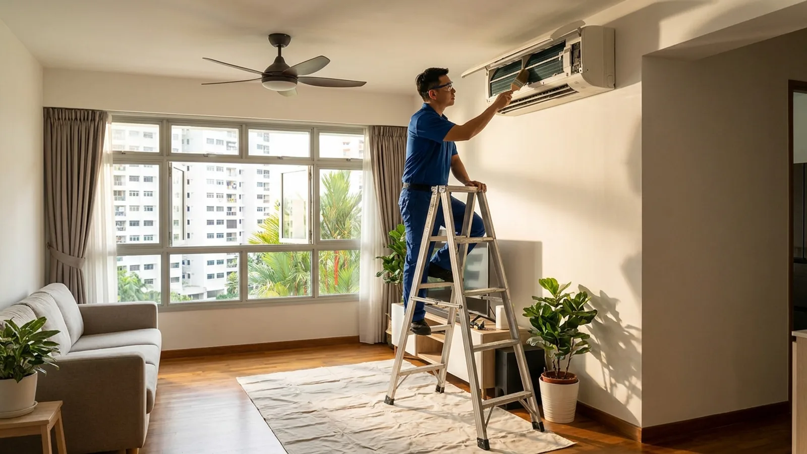 A technician servicing a wall-mounted aircon unit in a Singapore HDB flat living room