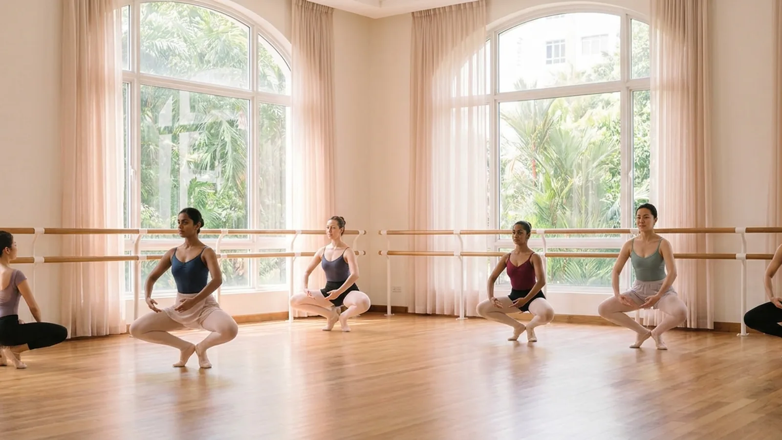 A group of adult ballet students at the barre in a bright Singapore studio with mirrored walls, working through a plie in first position