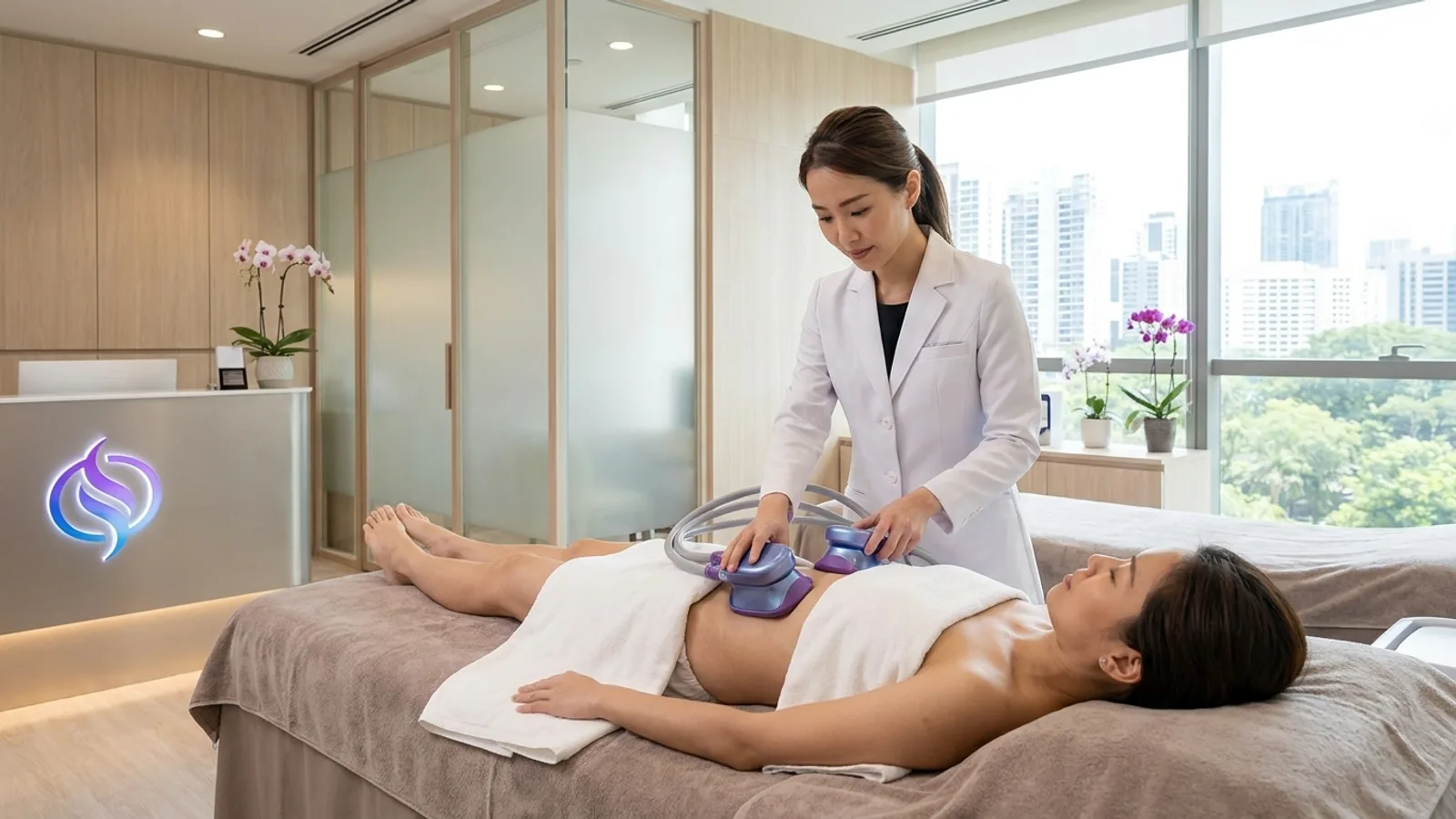 A therapist performing a non-invasive muscle body sculpting treatment in a Singapore clinic