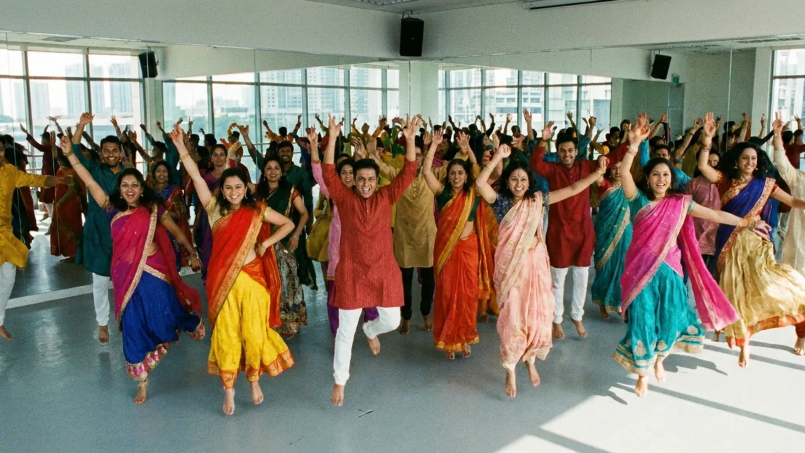 A group of dancers in colourful Indian outfits mid-move during an energetic Bollywood dance class in a bright Singapore studio with mirrored walls