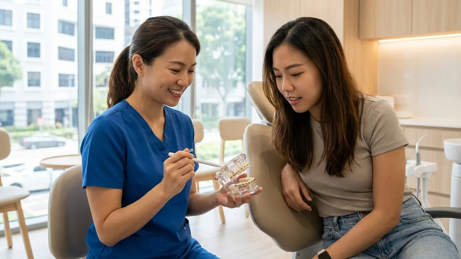 Close-up of a patient with ceramic braces during an orthodontic check-up at a Singapore dental clinic