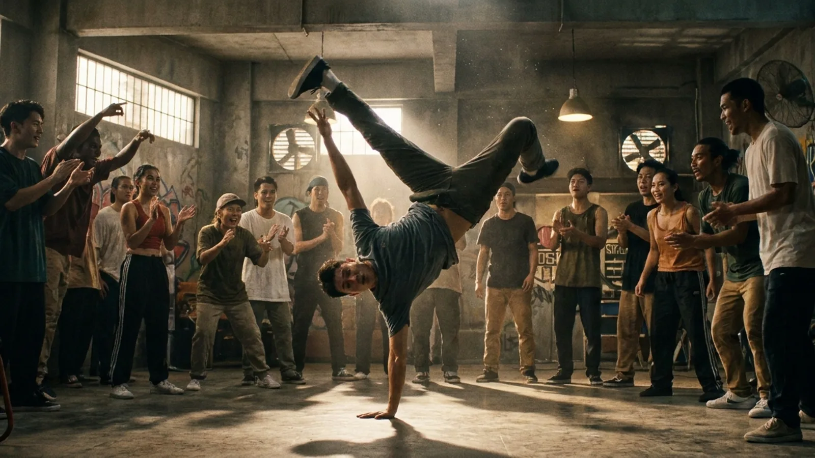 A bboy holding a one-handed freeze mid-air during a breaking class in a Singapore dance studio with mirrored walls and other dancers watching