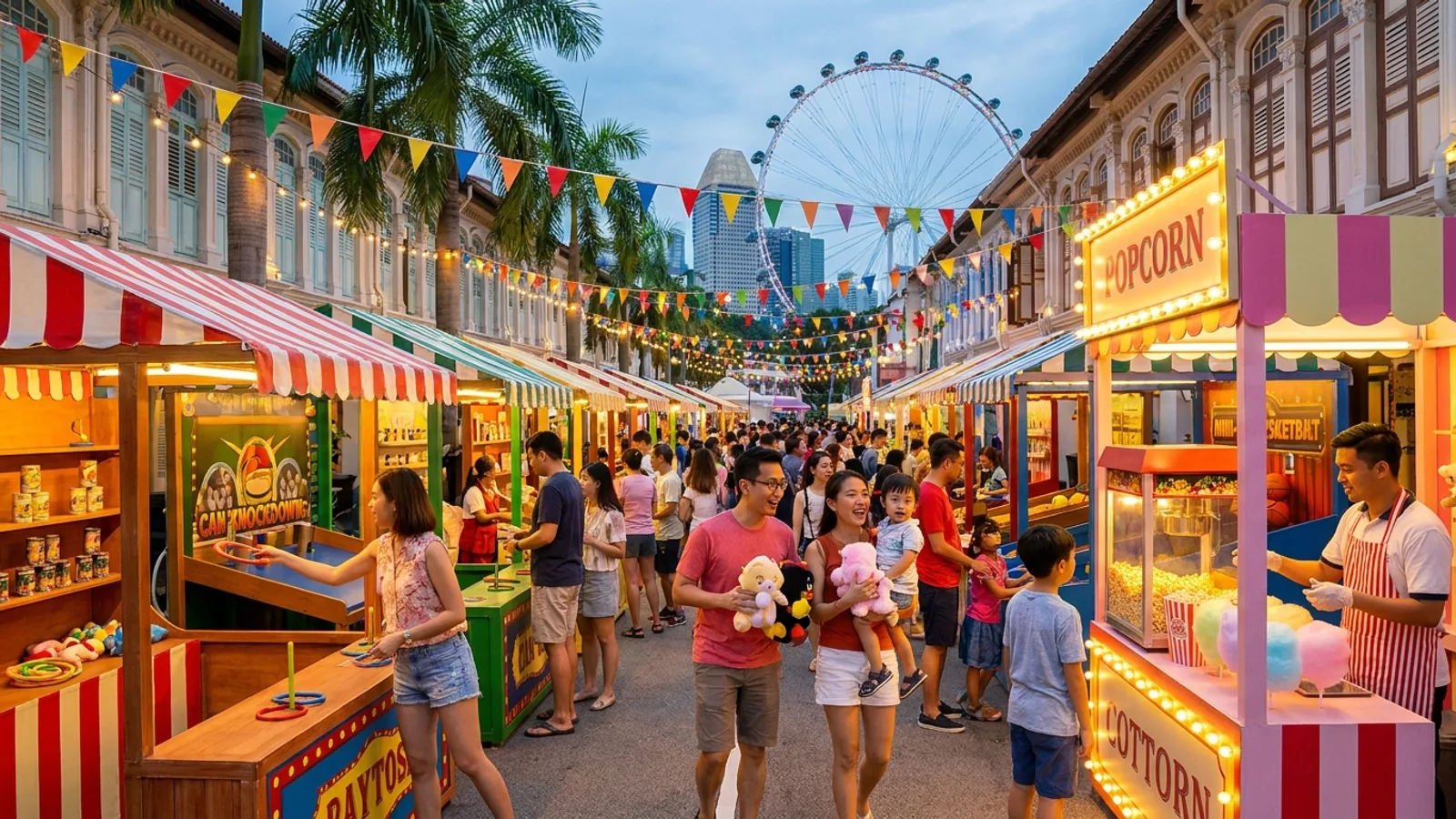 A funfair carnival in Singapore with rows of colourful game booths, ring toss and basketball games, popcorn stalls and bunting