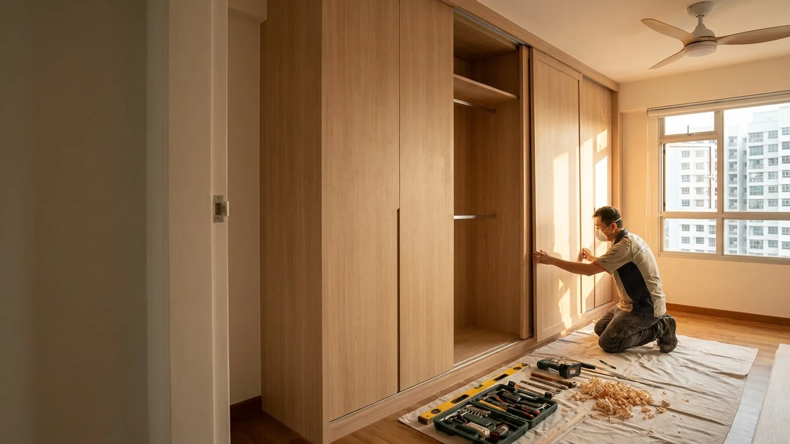 A carpenter installing a custom built-in wardrobe with sliding doors in an HDB bedroom in Singapore