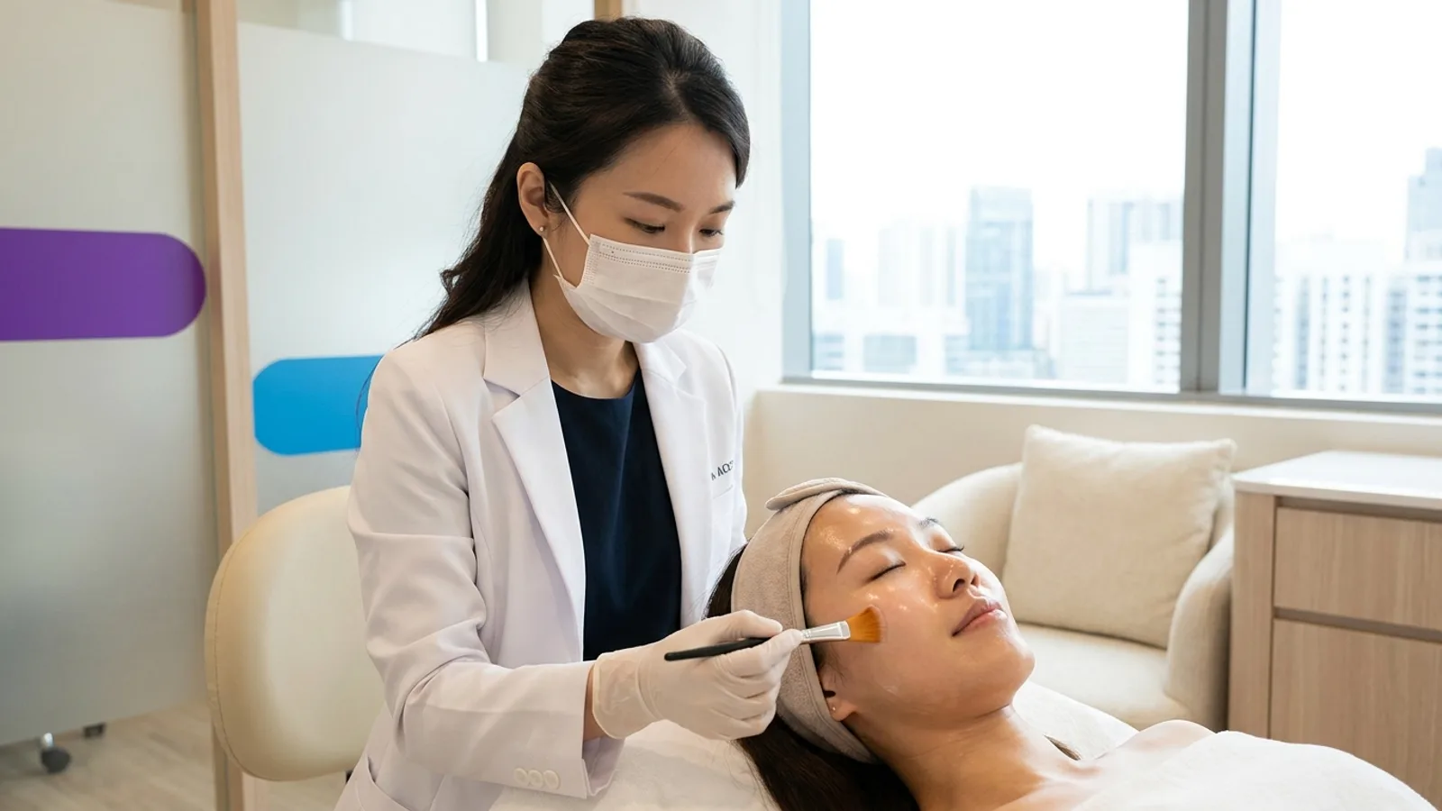 A doctor applying a chemical peel to a patient face in a modern Singapore aesthetic clinic