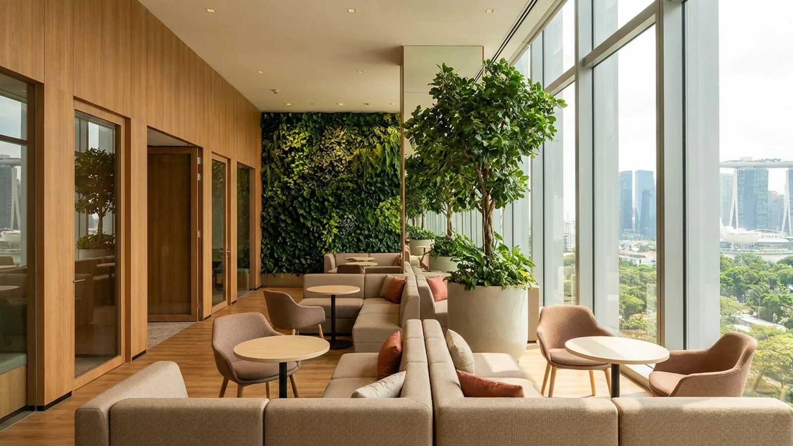 A modern Singapore office interior with warm wood finishes, collaborative breakout seating, greenery and floor-to-ceiling windows
