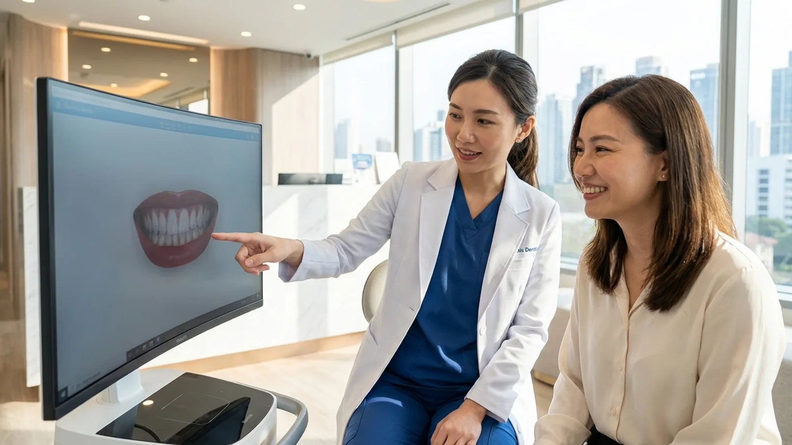 A patient reviewing a digital smile design preview with a cosmetic dentist in a modern Singapore clinic