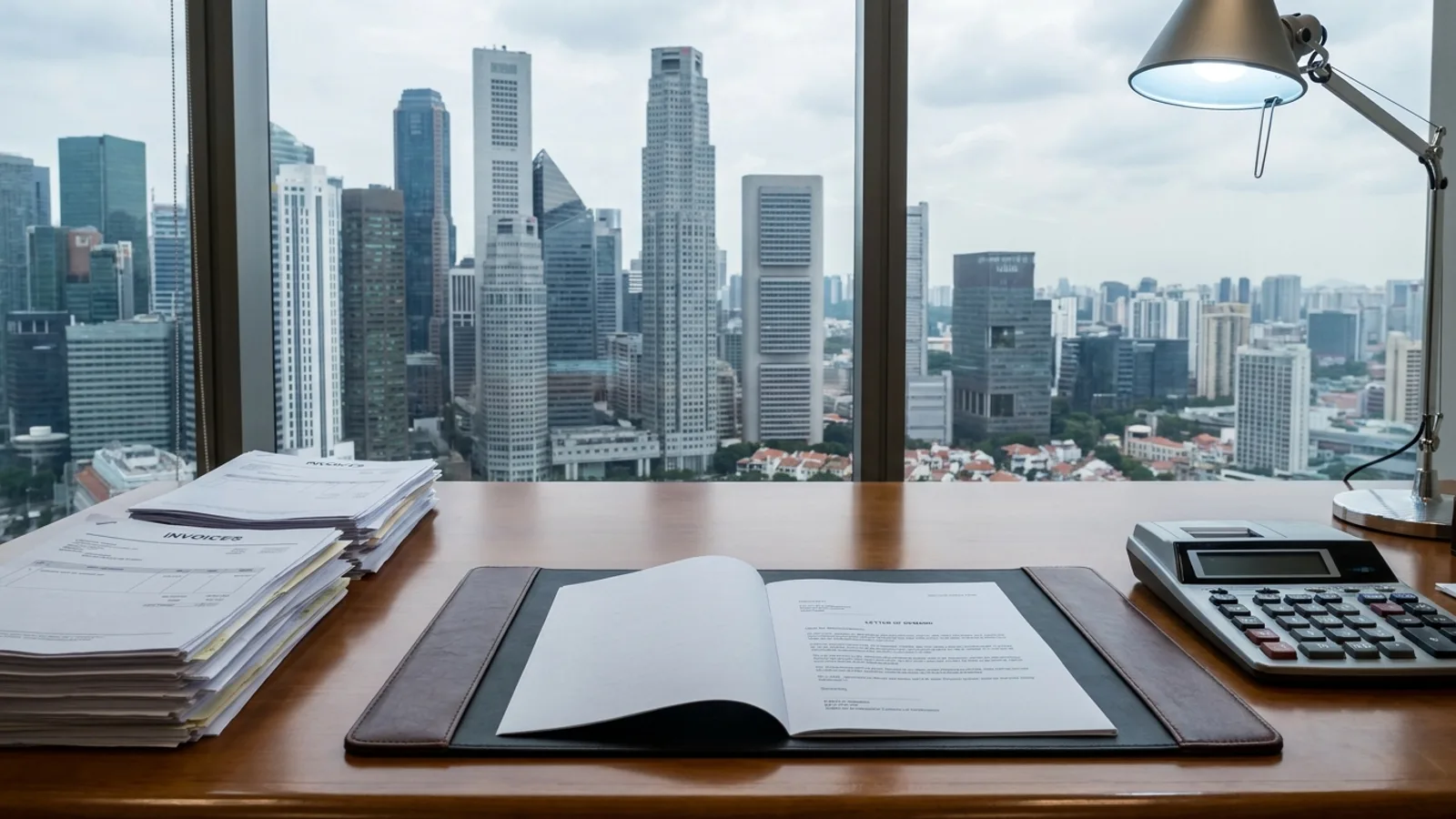 Singapore lawyer reviewing an unpaid invoice and a letter of demand at a desk with the city skyline behind