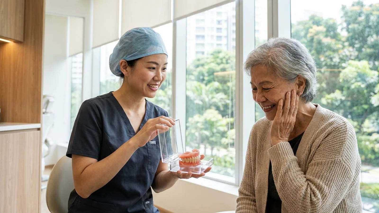 A set of full and partial dentures on a dental work surface in a modern Singapore clinic