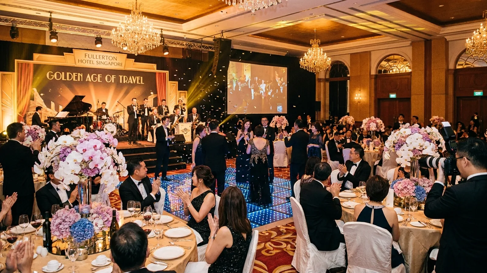 A corporate dinner and dance gala night in a Singapore hotel ballroom with a themed stage, live band and guests at banquet tables