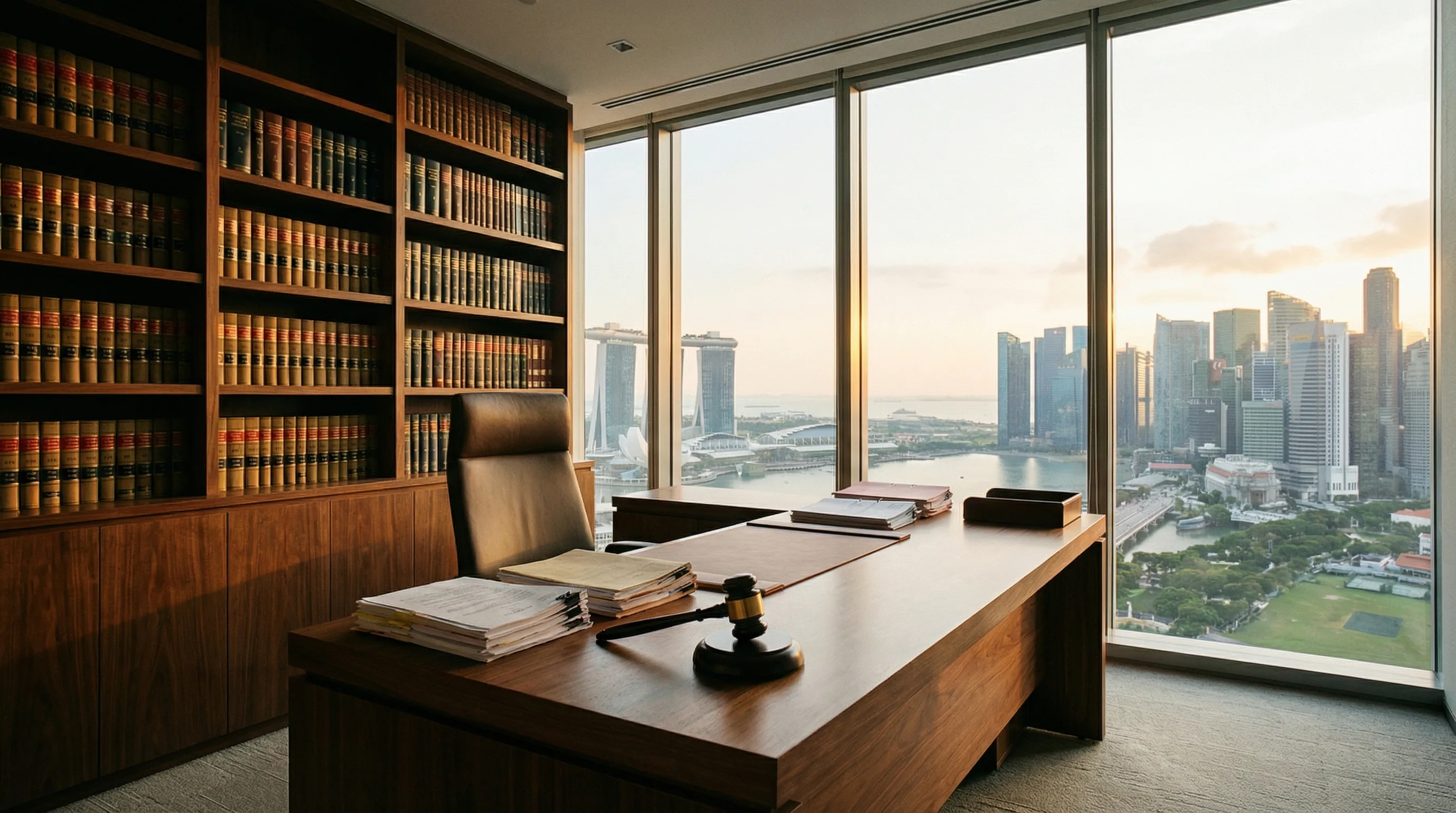 Professional Singapore law office with legal books and city skyline view