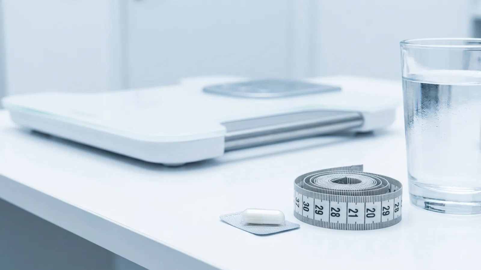Bright modern Singapore weight loss clinic consultation room with a blood pressure monitor and a doctor reviewing a chart