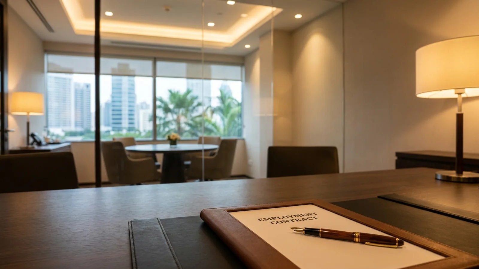 An employment lawyer reviewing a contract with a client in a Singapore office