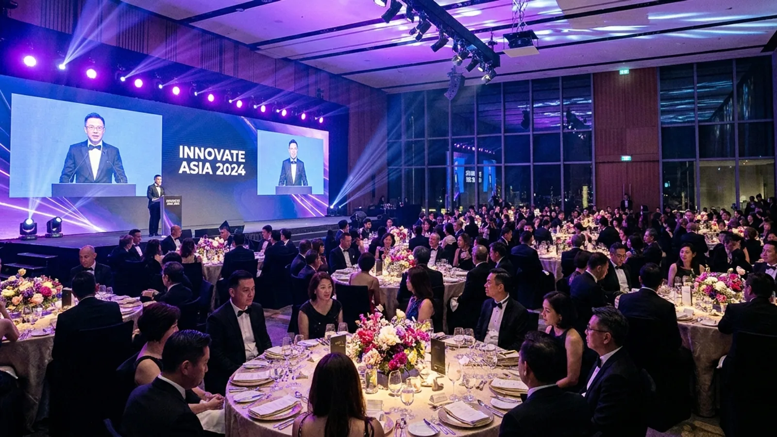 A polished corporate gala dinner inside a Singapore ballroom with a lit stage, large LED screen and round banquet tables