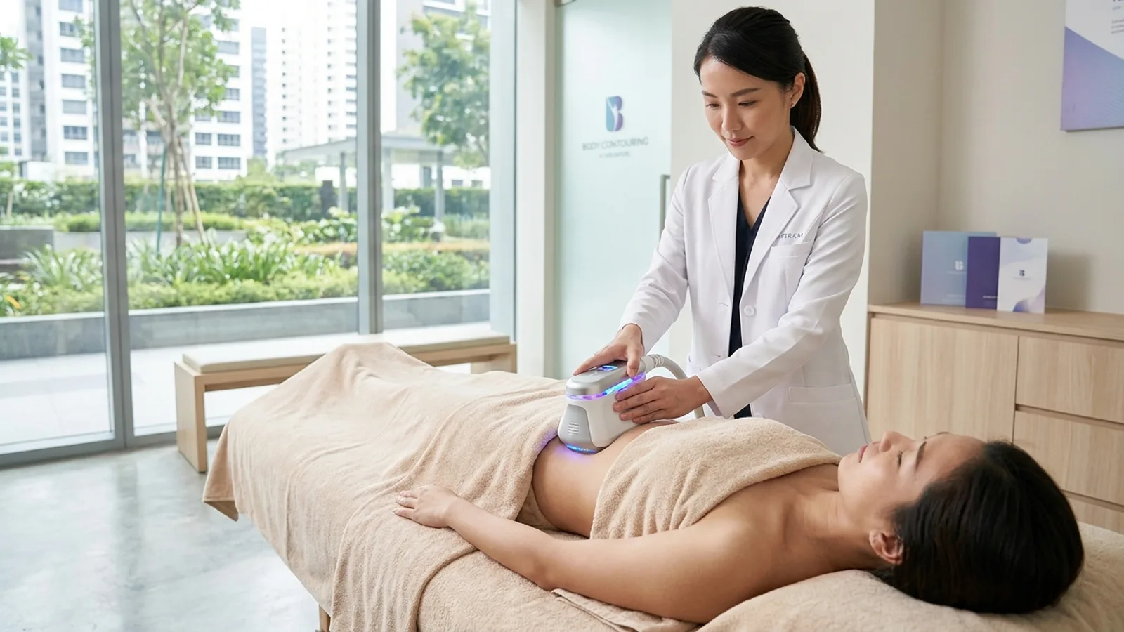 A therapist performing a non-invasive fat freezing body contouring treatment in a Singapore clinic
