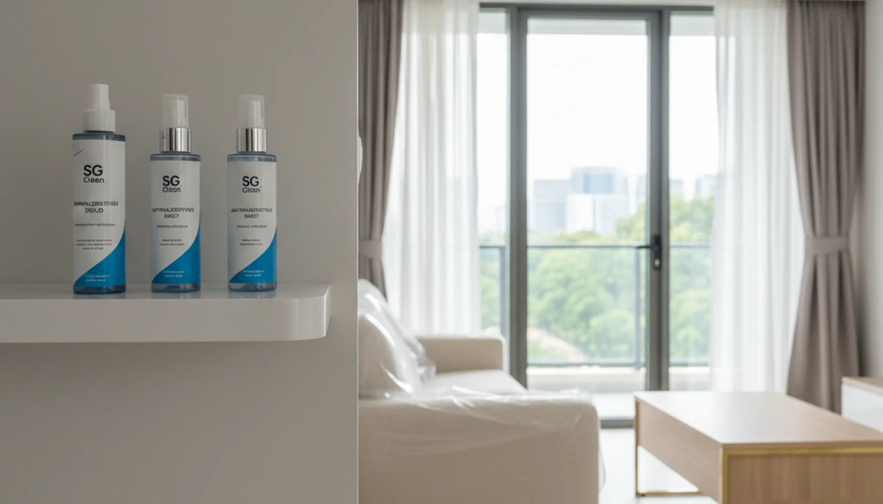Formaldehyde removal spray products arranged on a white shelf next to new furniture in a modern Singapore apartment