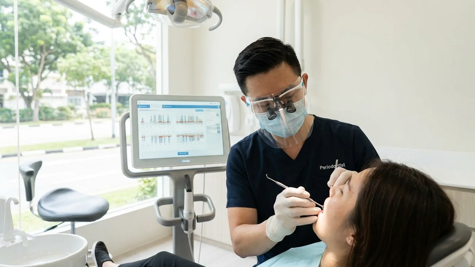 A periodontist examining a patient's gums during a deep cleaning appointment at a Singapore dental clinic