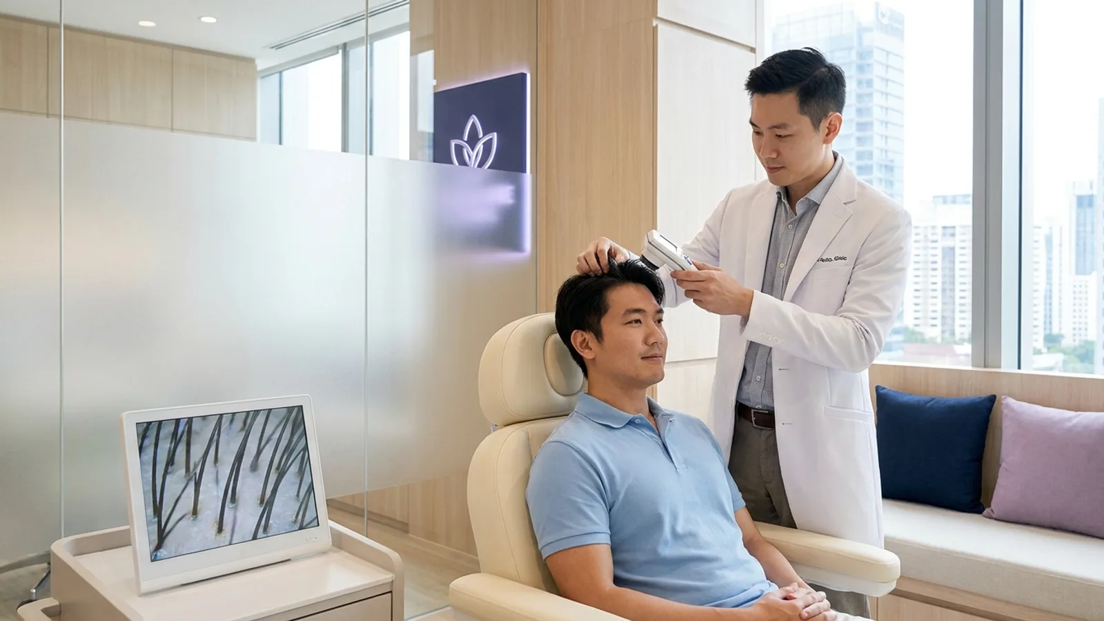 A doctor examining a patient scalp and hairline in a modern Singapore hair loss clinic