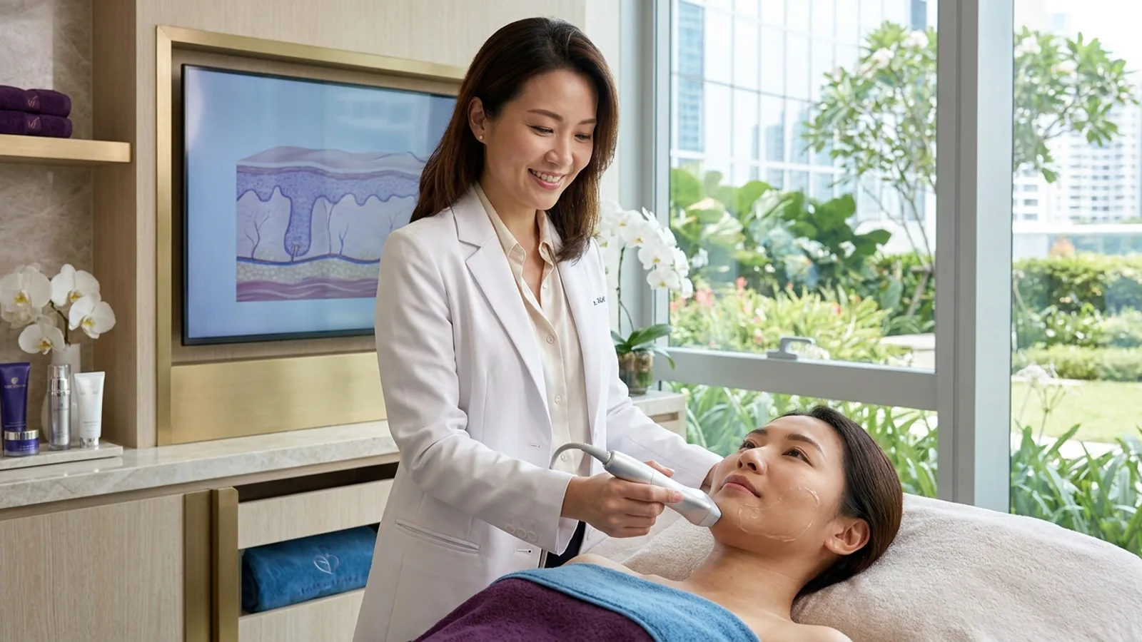 A doctor performing a non-surgical HIFU skin-tightening treatment on a patient in a Singapore aesthetic clinic