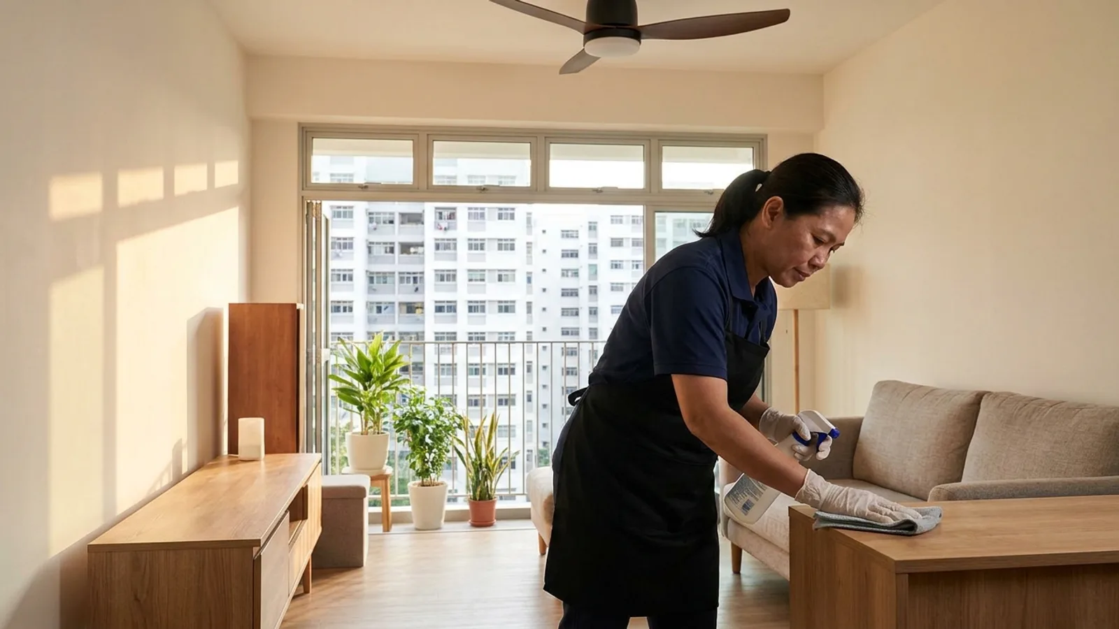 A professional cleaner wiping surfaces and tidying a bright HDB living room in Singapore