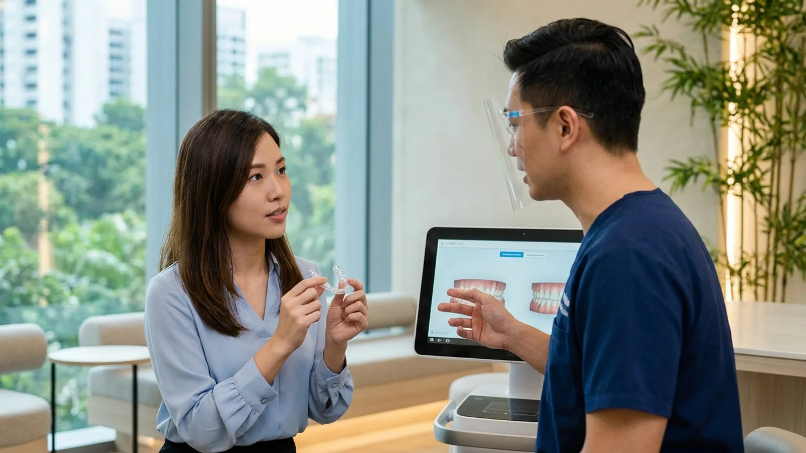 A patient holding a clear Invisalign aligner during a consultation at a modern dental clinic in Singapore