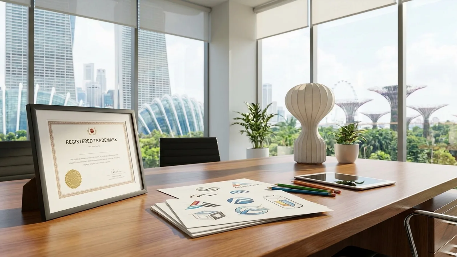 Singapore intellectual property law office with registered trademark documents and a Marina Bay skyline view