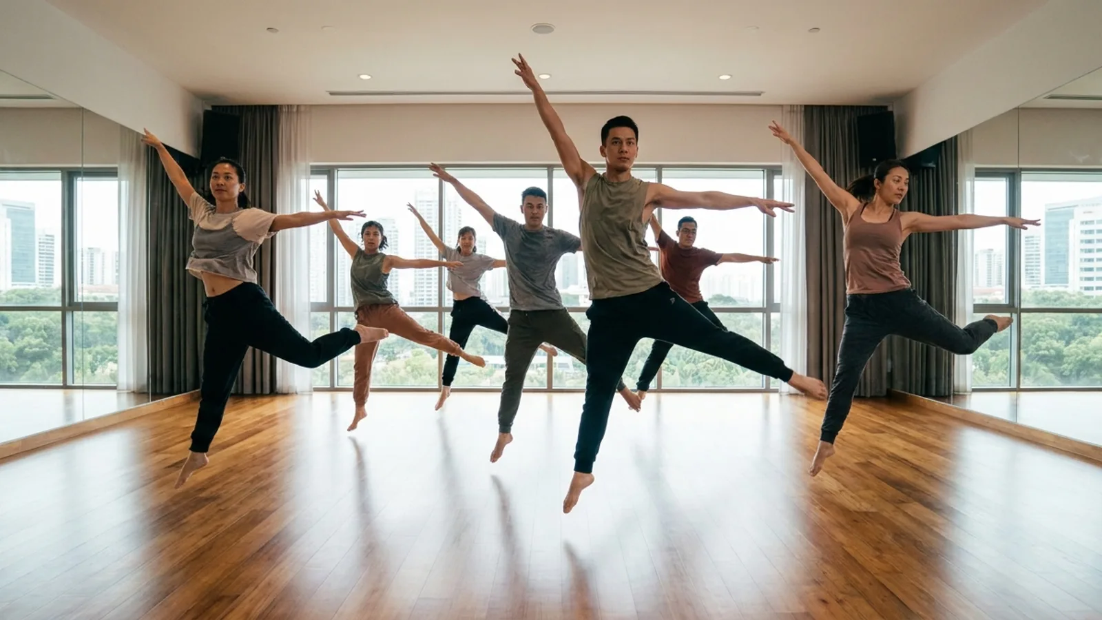 A group of adult dancers mid-routine during a jazz class in a bright Singapore dance studio with mirrored walls and wooden floors