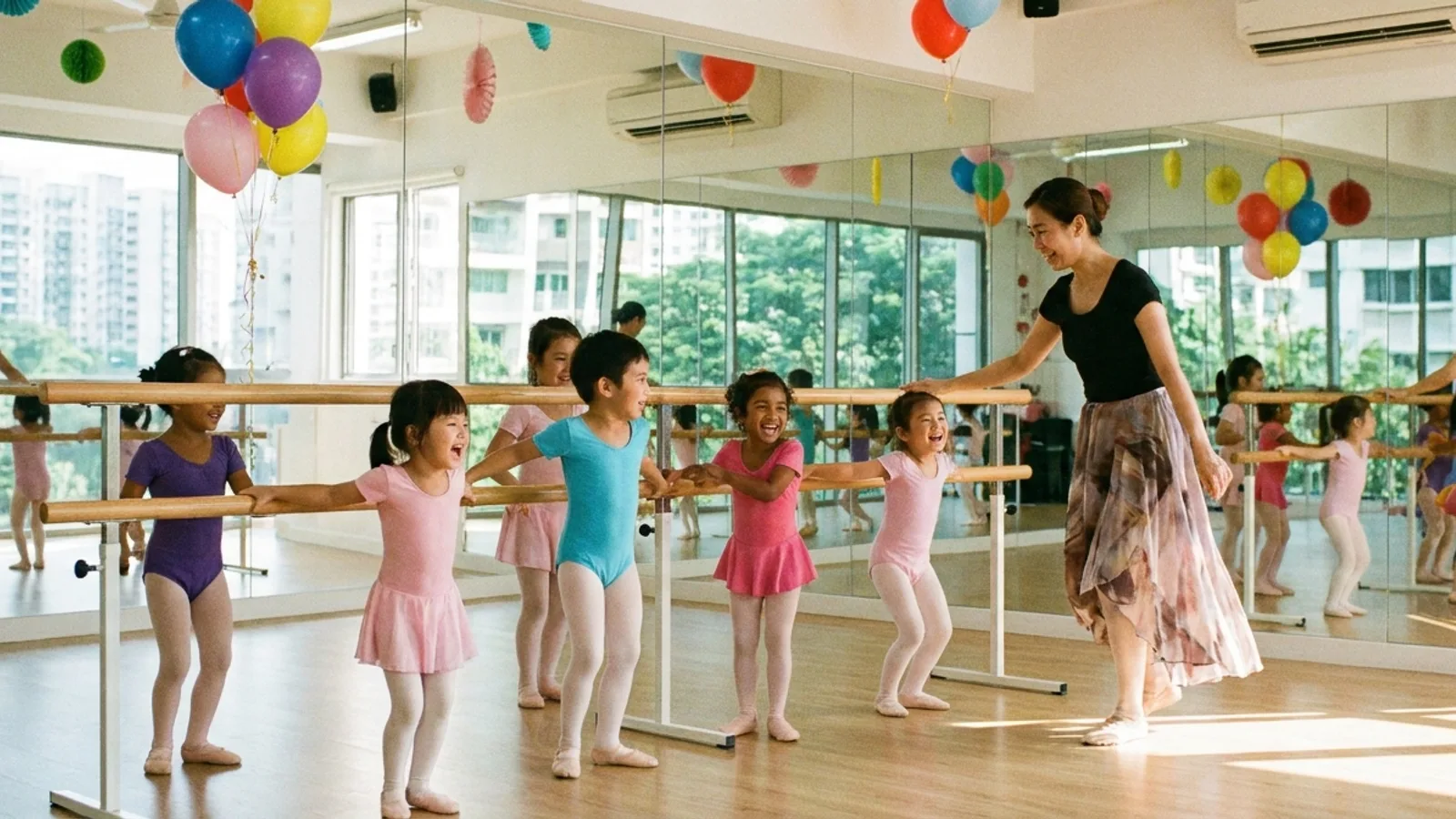 A group of young children in dancewear following their teacher during a beginner ballet class in a bright Singapore dance studio with mirrored walls