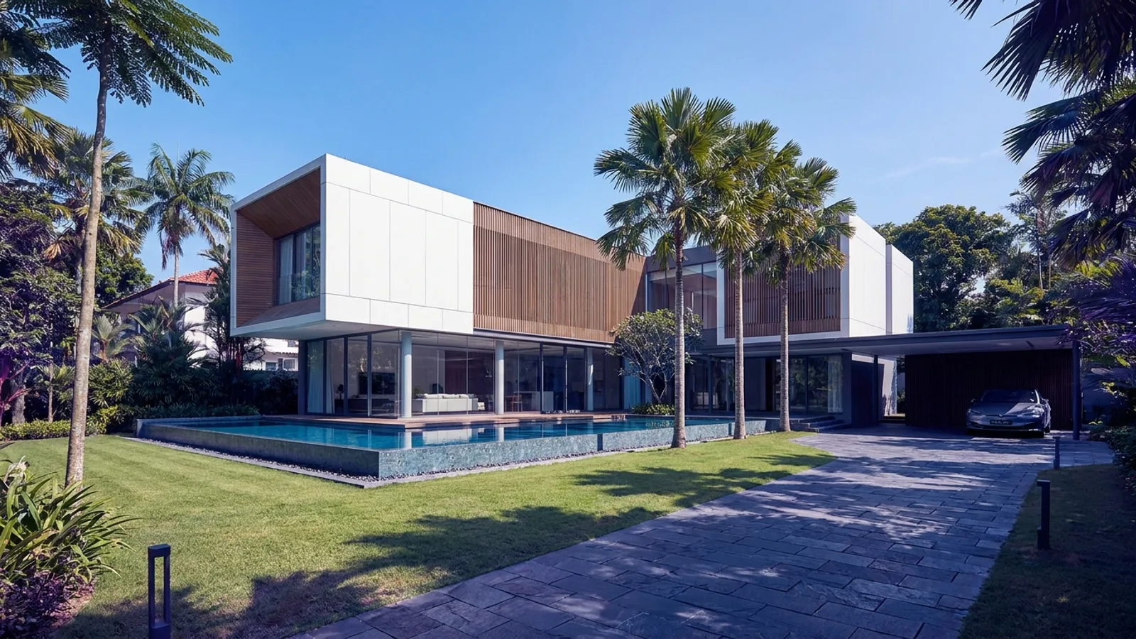 An elegant modern Good Class Bungalow in a prime Singapore district with a manicured garden, pool and driveway under a bright sky