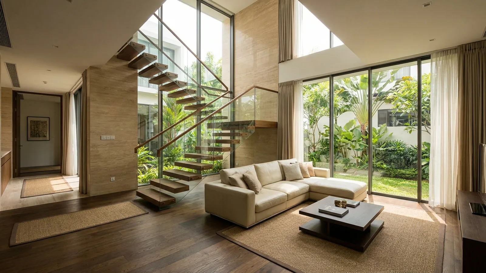 A double-volume living room in a modern Singapore landed house with an internal staircase, floor-to-ceiling glazing and warm timber finishes