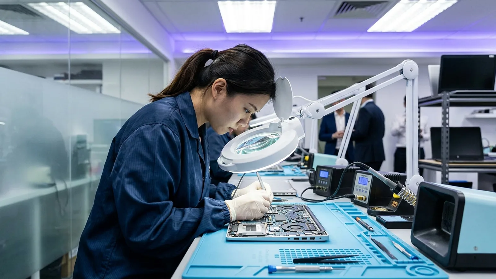 A technician working on an opened laptop motherboard under a magnifying lamp on a clean repair bench in a modern Singapore laptop repair shop