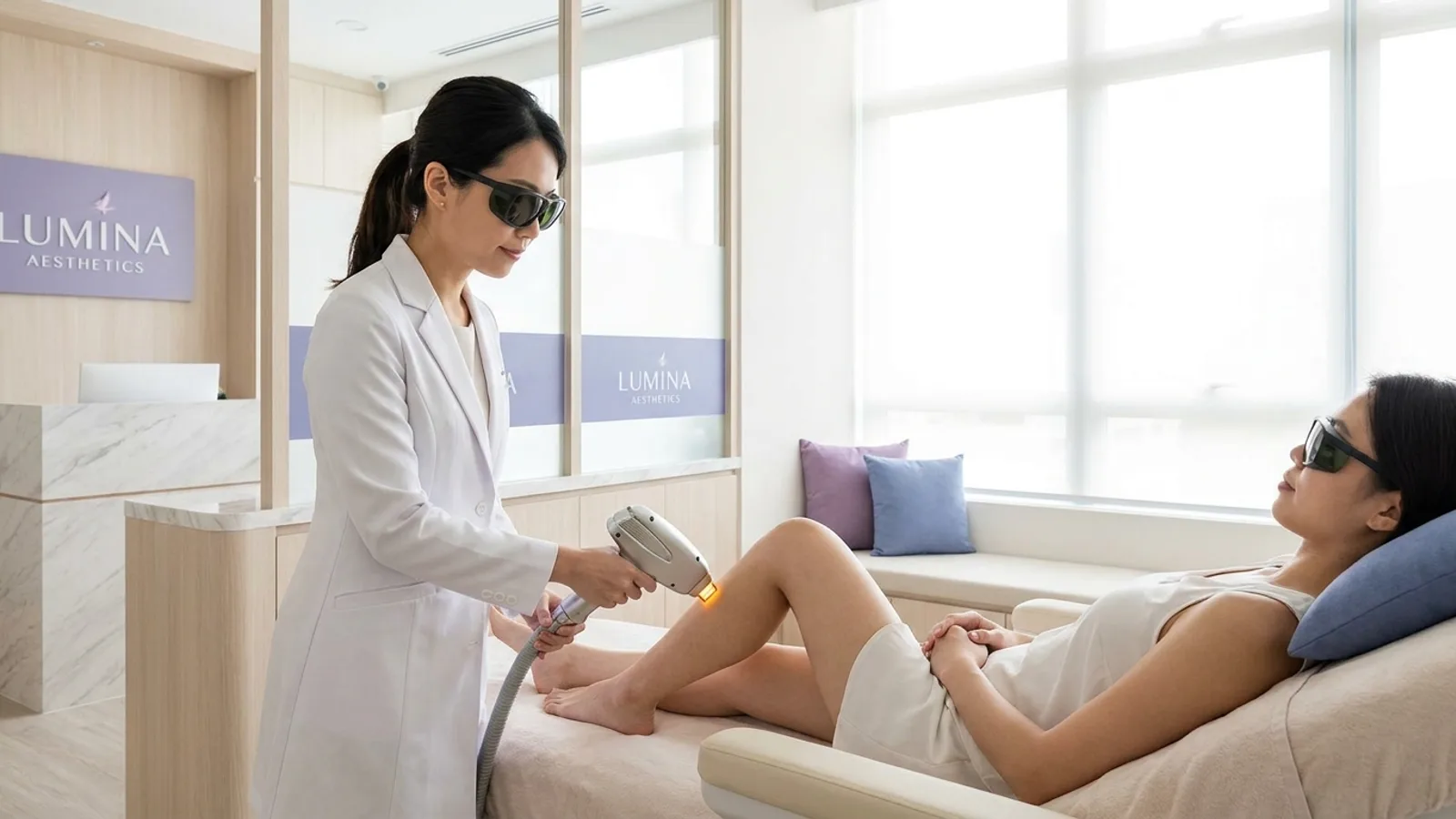 A therapist performing laser hair removal on a client in a modern Singapore aesthetic clinic