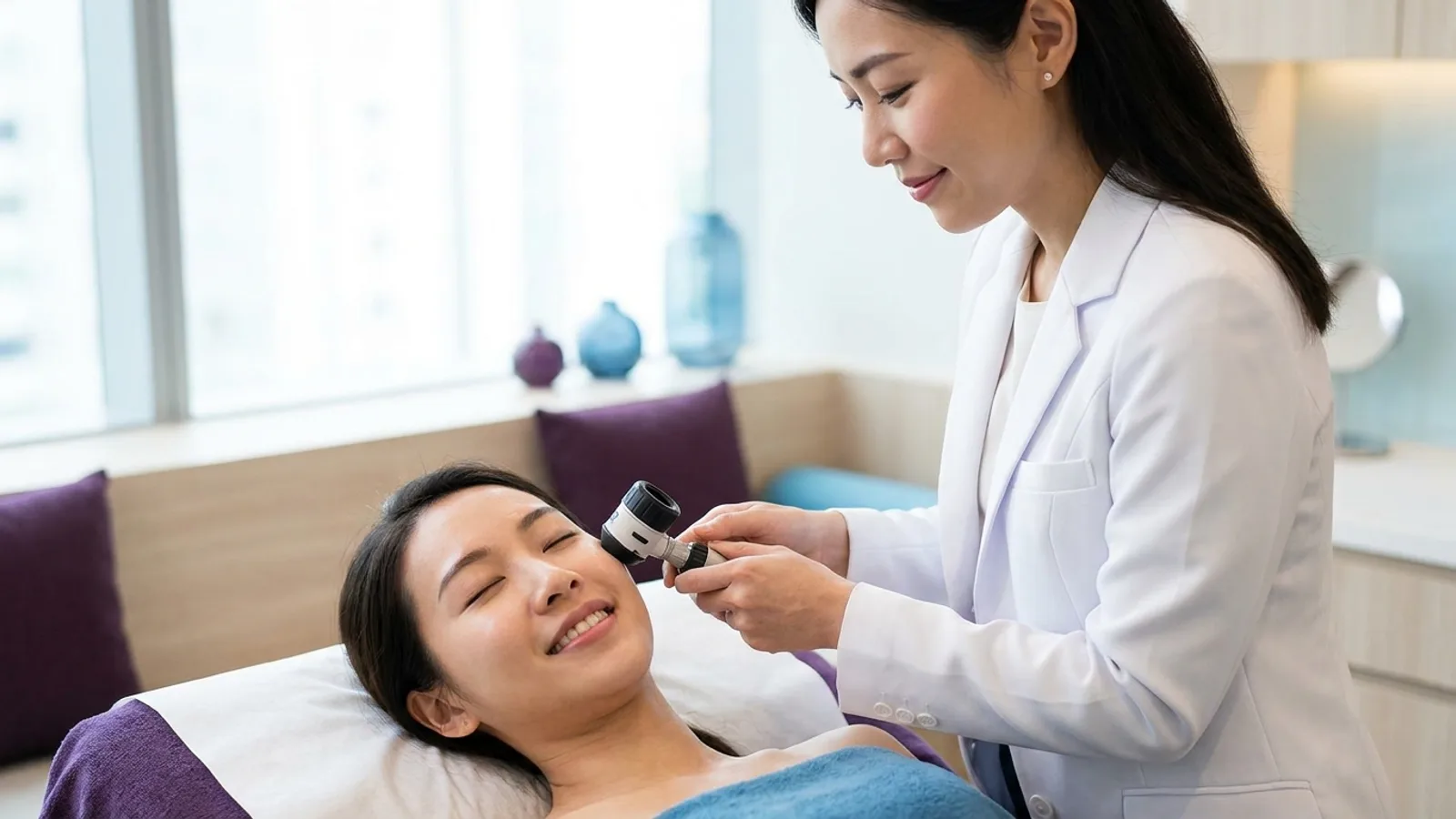A doctor examining a patient mole with a dermatoscope in a modern Singapore clinic