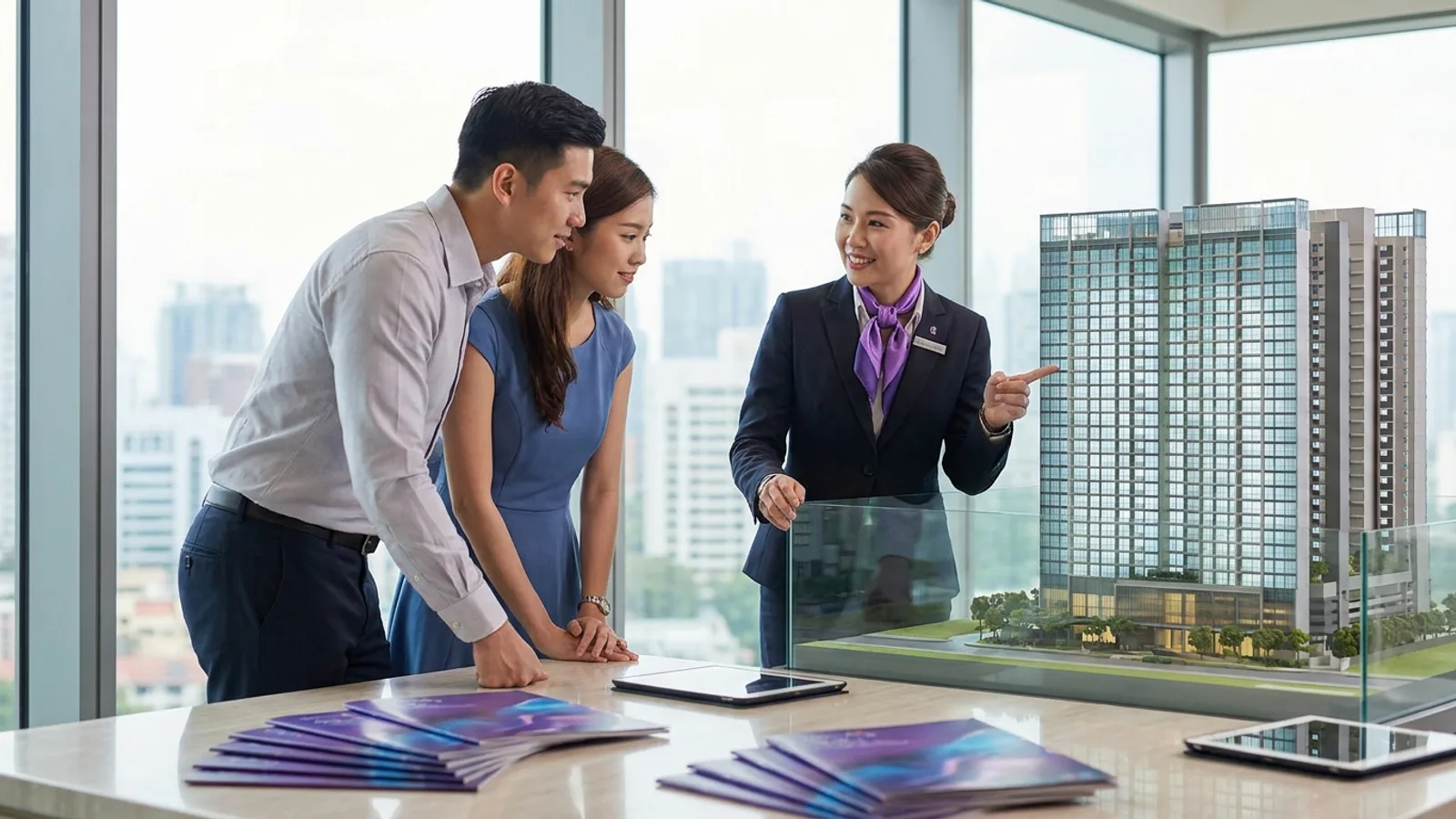 A property agent presenting a new condominium scale model to a young couple in a bright modern Singapore showflat