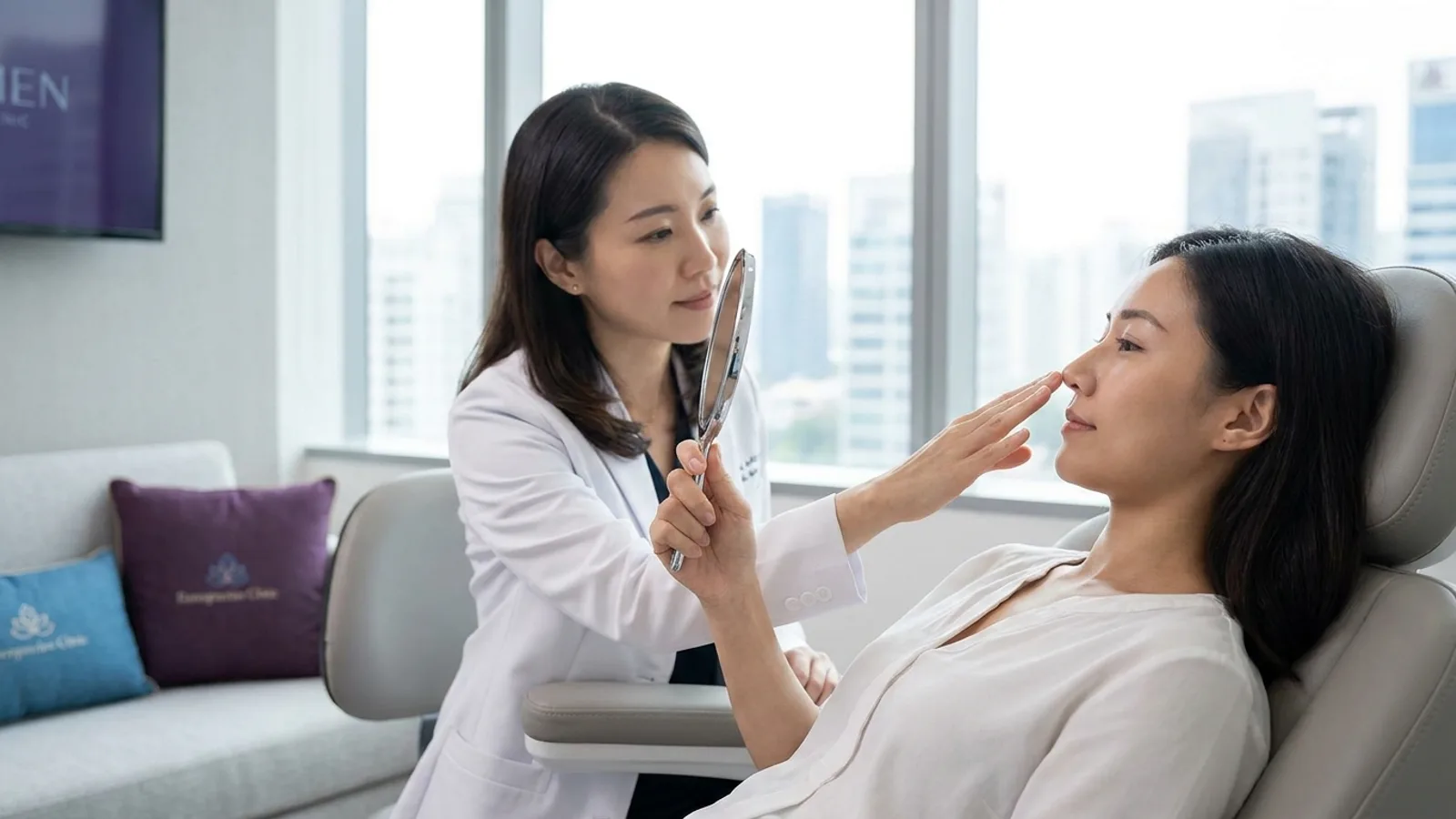 A doctor assessing a patient nose profile for non-surgical nose filler in a Singapore aesthetic clinic