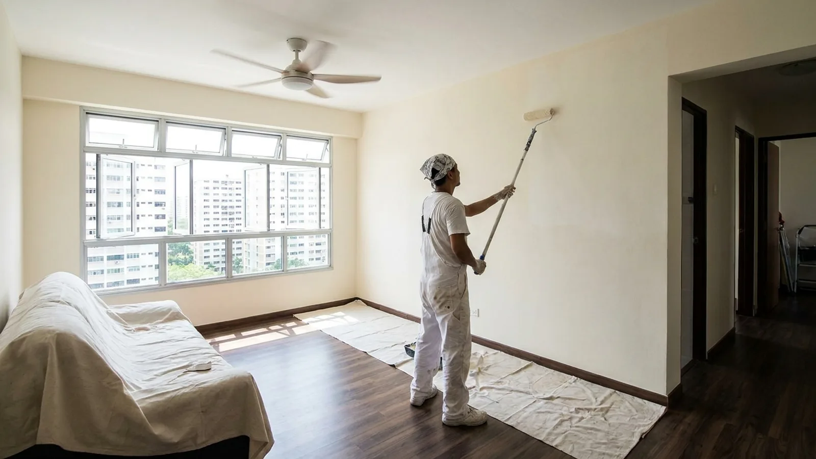 A professional painter rolling fresh paint on a living room wall in a Singapore HDB flat