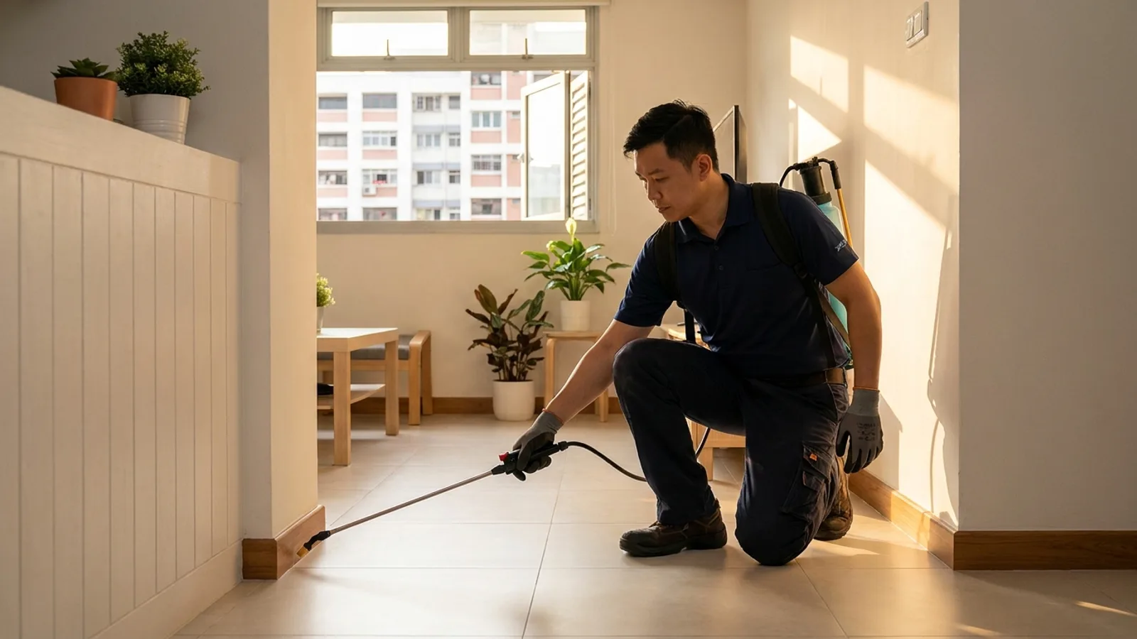 A uniformed pest control technician treating the skirting and corners of an HDB flat in Singapore