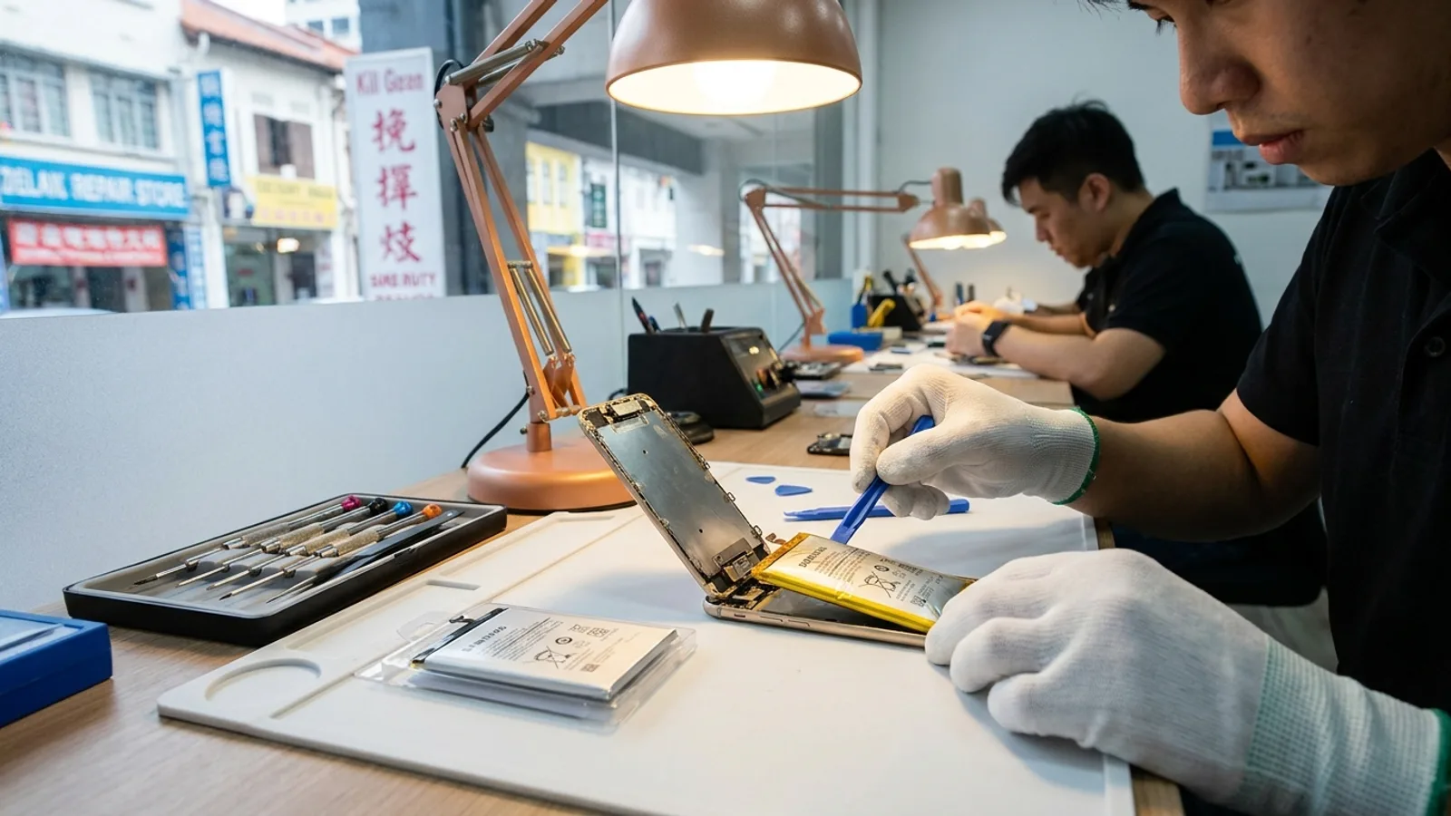 A technician lifting out an old smartphone battery beside a fresh replacement on a clean repair bench in a Singapore phone repair shop