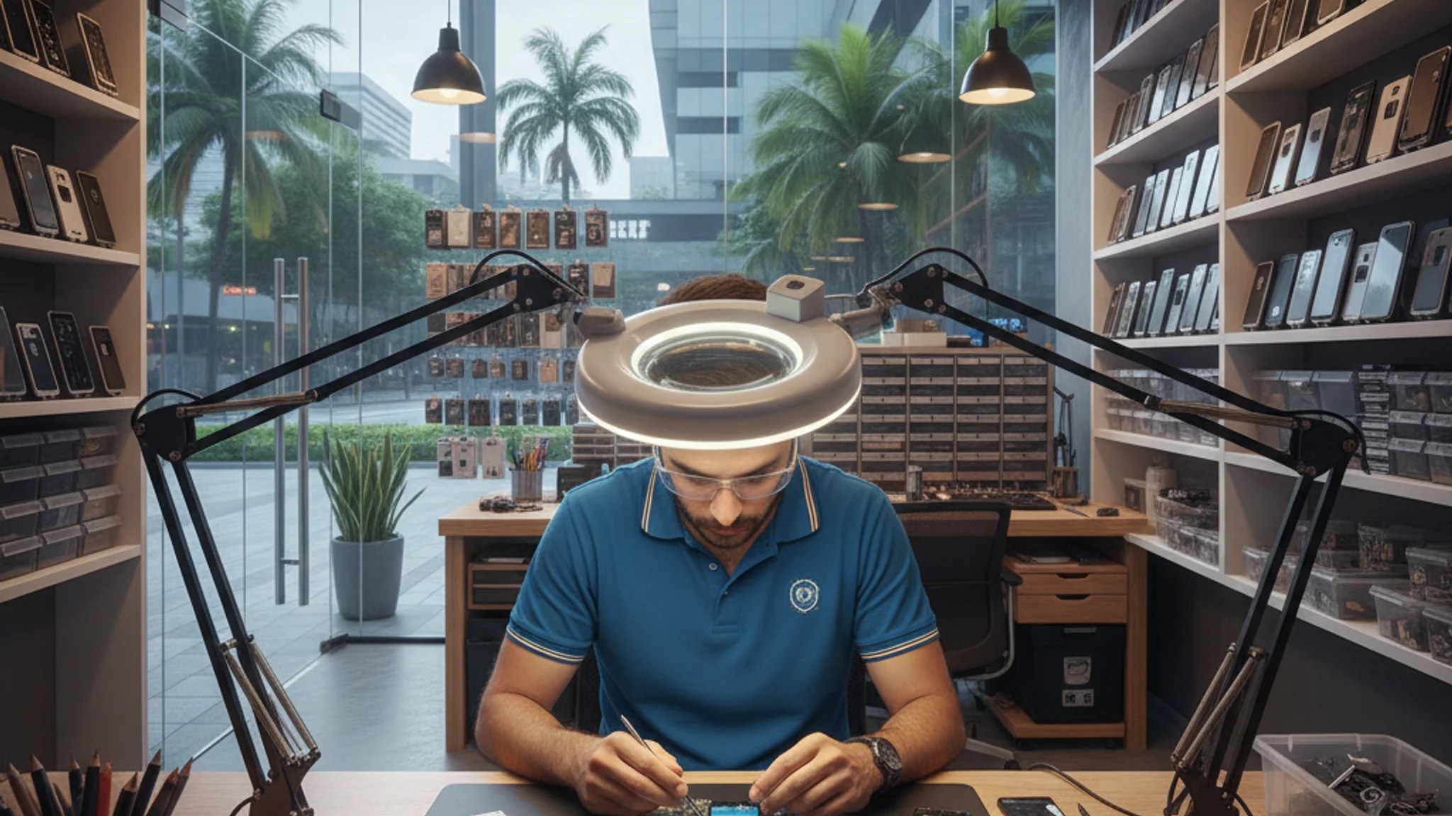 Inside a modern phone repair shop in Singapore with a technician working on a smartphone under a magnifying lamp, warm lighting